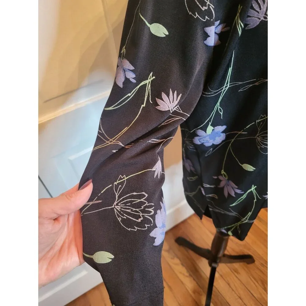 Studio Works Petite Vintage 90's Black Stretchy Floral Button Up PM Whimsygoth - Picture 6 of 9
